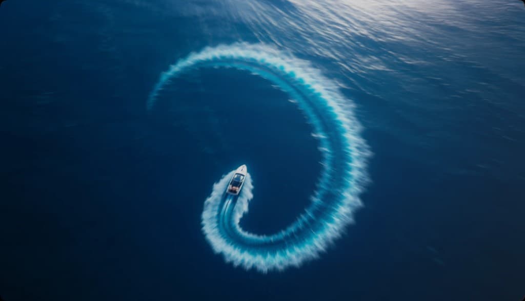 Aerial view of a speedboat turning through deep blue ocean water